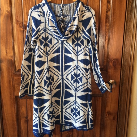 Boho Chic Tribal print Hooded Sweater Duster length blue white - Picture 4 of 11